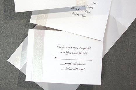 Classic All In One Wedding Invitations
AV638
Needing no separate envelopes and featuring a perforated reply card that conveniently separates from the invitation itself, this all-in-one invite is both elegant and practical. Your invitation wording is printed on the inside in raised ink