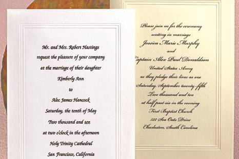 A Classic Wedding Invitations
AV221
Exquisite simplicity. Frame your invitation with triple embossing and a hand-applied border in your choice of colors.
Available in Multiple Colors
http://www.theamericanwedding.com/shopping/prod_detail/main.asp-pid-389