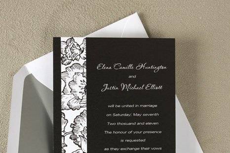 Art Deco Wedding Invitations
AV1351
An elegant Art Deco design is beautifully blind embossed on the front of this barn-fold invitation. A Black satin ribbon ties it closed. Untie the ribbon and open the folds to reveal your words of invitation.
http://www.theamericanwedding.com/shopping/prod_detail/main.asp-pid-7536