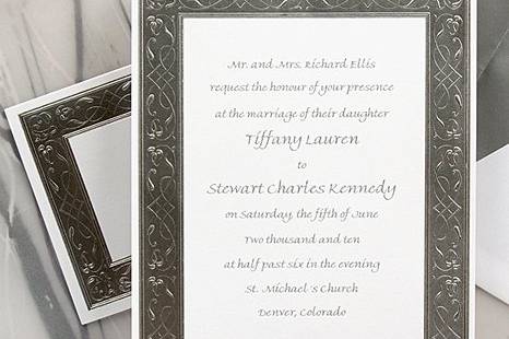 Silver Elegance Wedding Invitations
AV571
Wedding invitations with a wide silver frame and thinner silver border. The silver frame and border create an elegant accent to your wording.
http://www.theamericanwedding.com/shopping/prod_detail/main.asp-pid-3362