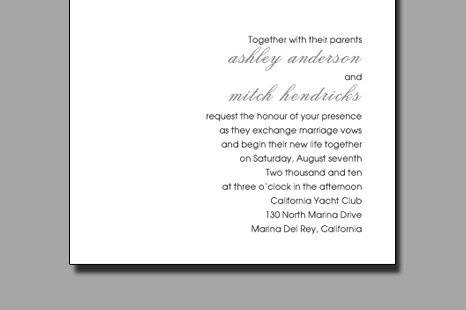 The Two of Us Wedding Invitations
AV265
Celebrate the spirit of innocence and friendship with this classical, romantic invitation. Fan-fold invitation has a special vertical format. The front panel features first names beneath a black and white photo of kids framed by an embossed daisy border.
http://www.theamericanwedding.com/shopping/prod_detail/main.asp-pid-443