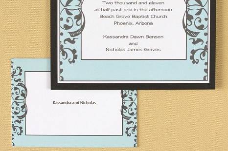 Sealed With Love Wedding Invitations
AV1095
This single panel White card features a Light Blue ornamental design atop a faux Black ribbon. The groom’s last name initial is printed in White inside the design. A Black backer is added for an extra touch of sophistication.
http://www.theamericanwedding.com/shopping/prod_detail/main.asp-pid-6694