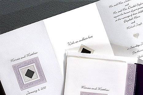 Color Kicked Classics Wedding Invitations
AV1232
These White invitations have been kicked up a notch with color! Your choice of border color is deeply embossed and accented with a pearl border. For a an extra touch, add a lined envelope to accent or match your border choice.
http://www.theamericanwedding.com/shopping/prod_detail/main.asp-pid-7254