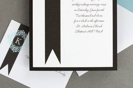 Eye-Catching Block Wedding Invitations
AV1434PK
A dramatic wide Black border at the top of this single panel card really catches the eye. Your first names are printed in the border, while your invitation wording is printed below in a right-justified format.
http://www.theamericanwedding.com/shopping/prod_detail/main.asp-pid-7841