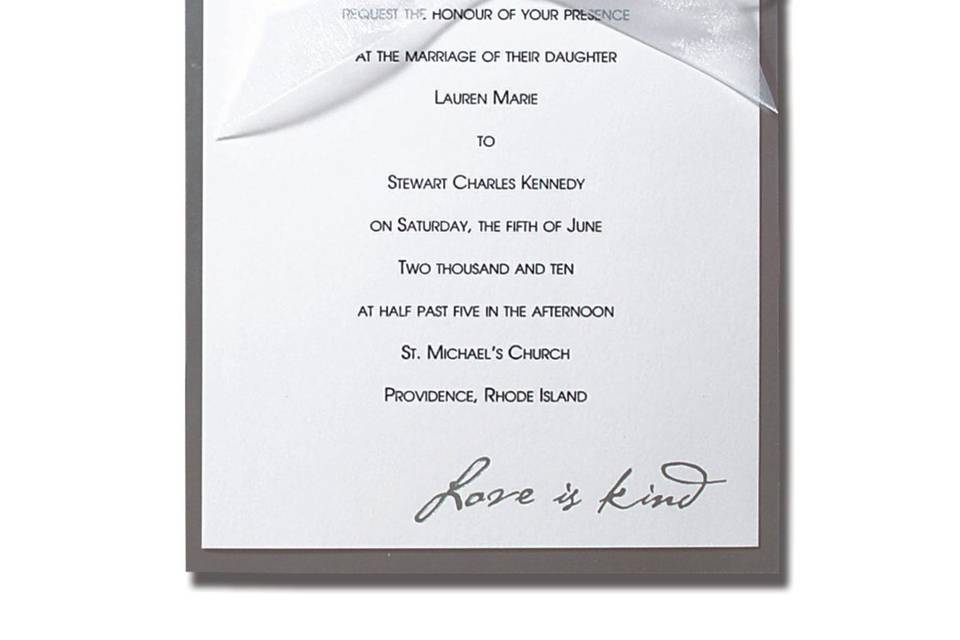 Attractive Initial AV1209
This taupe bordered invitation features your new last name initial at the top and your words of invitation printed below. A black backer and ribbon finish the look of this elegant wedding invitation.