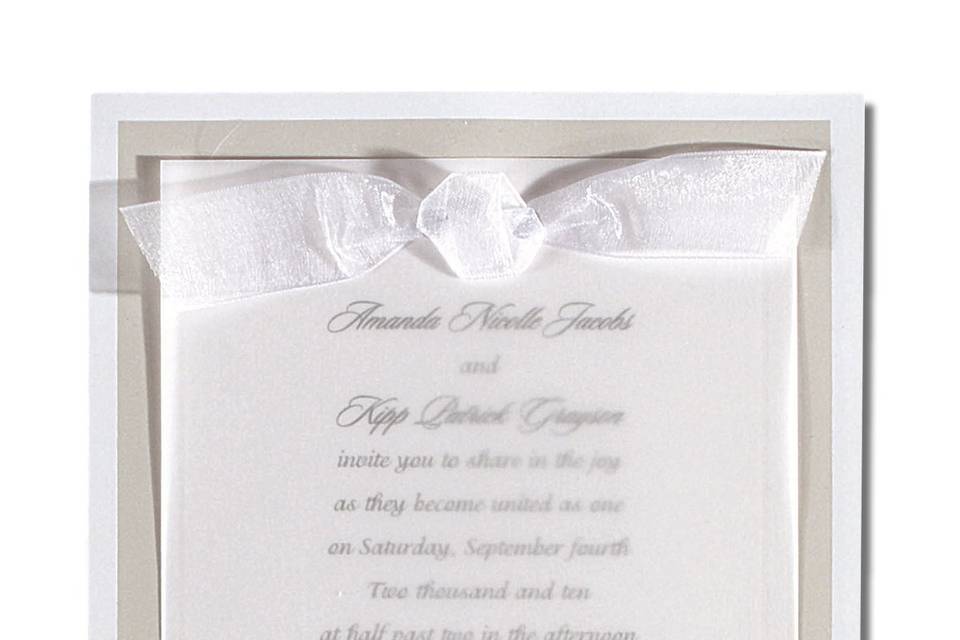 Sheer Classic AV646
One of our best selling exclusive designs. Three layers of elegant paper hand-tied with a black sheer bow. First,  your names appear on sheer vellum with your invitation beneath printed on white card stock mounted on a glossy black backer.