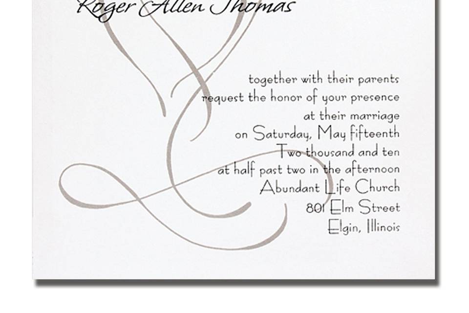 Happy Together AV479
This elegant invitation features your names in the type style shown on a translucent vellum overlay.