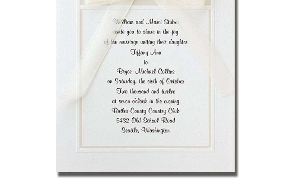 Ruffles &  Bows AV1042
Wrapped in a sheer organza bow, these scalloped-edged invitations are like a stunning present waiting to be opened. Whimsical and fun, these wedding invitations will make your guests smile.