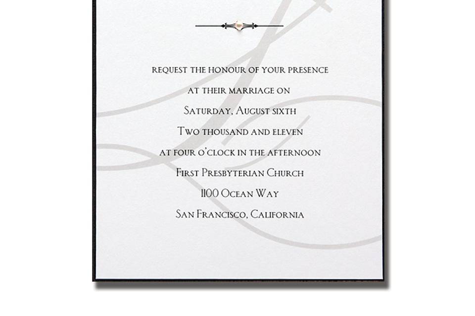 Parisian AV888
Present your invitation on Ecru or White vellum affixed to a Black or Brown matte backer that slips inside an elegant band. The design on the invitation coordinates with the design on the band.