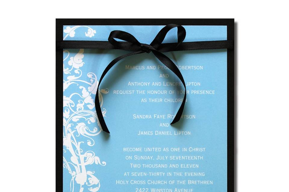 Victoria AV1207
An elegant damask border accents the left side of this single panel invitation. The border is then accented with colorful vertical stripe. A heavyweight Black backer completes the look.