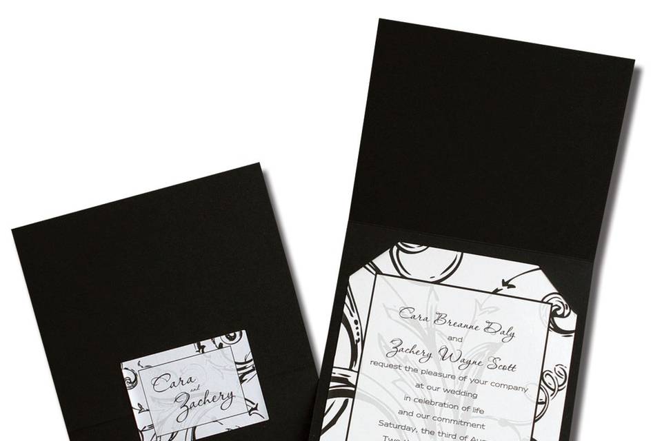 Falling Leaves AV1366
The splendor of autumn is the backdrop for your words of invitation. The card is then tucked into a rich Chocolate Brown wrap and sealed with a label featuring the bride and groom's first names.