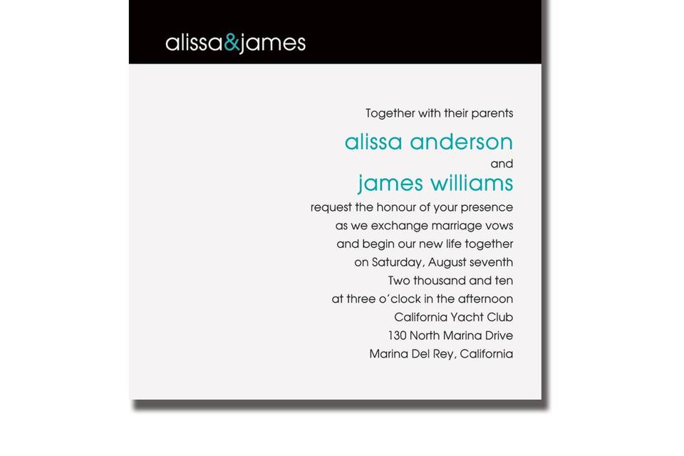 Initial Reaction AV1442
An elegant script initial above your first names gives this modern invitation a personal touch. Your words of invitation are written in a right-justified format.