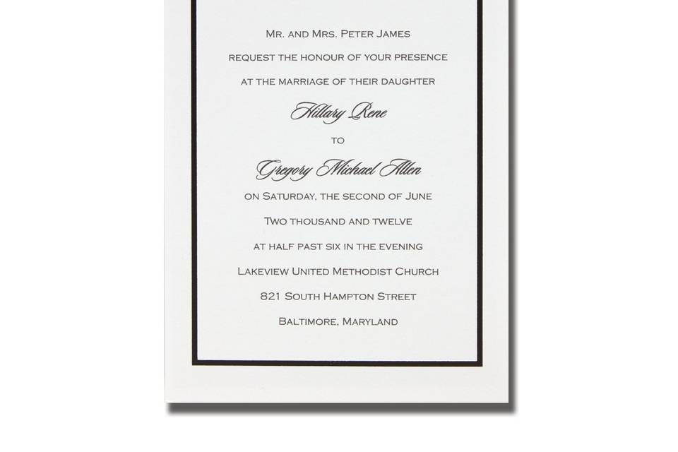 Broadway AV1581
These striking invitations feature a large stylized heart with your first and last names printed in a dramatic font. The lower half of the card has your words of invitation. This single card comes with a Black backer for a layered look.