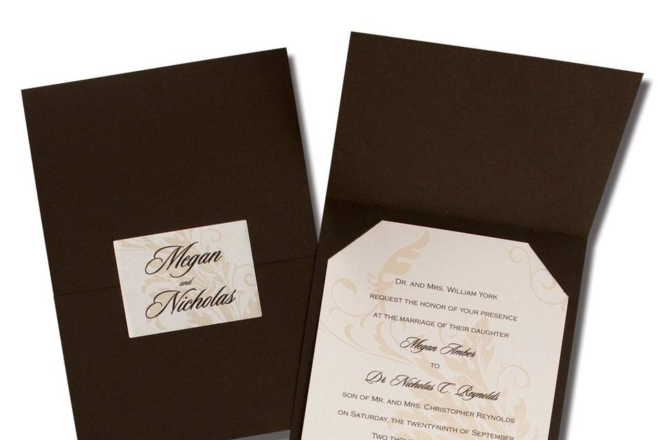 Wrapped in Love AV1365
A Black flourish design creates a dramatic setting for your invitation wording. The card is then tucked into a Black wrap and sealed with a label featuring the bride and groom's first names.