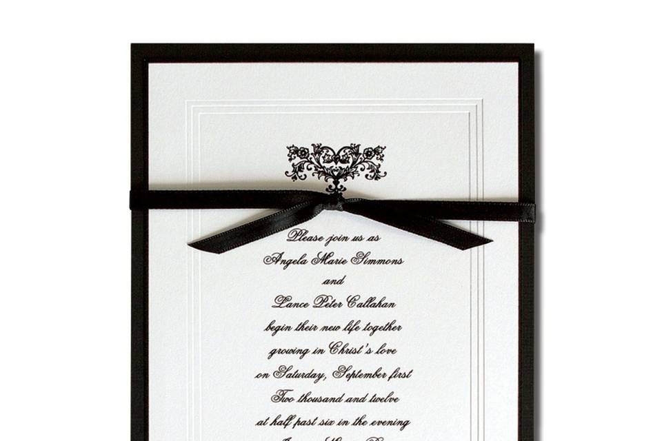 Exquisite AV1455
Your words of invitation are printed on single panel White card and then wrapped in an exquisite folder bedecked with vines and leaves. The double-faced satin ribbon adds an additional accent for a truly unique look.