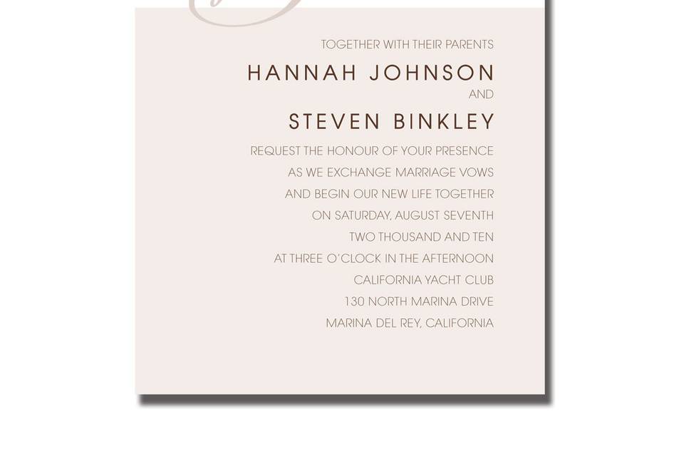 Renaissance AV1311
This multi-layer invitation features a White, triple-bevel, Black hand-bordered card imprinted with your invitation wording and elegant filigree motif in the raised ink color of your choice. Underneath is a backer in your choice of Black or Pink Pearl. A Black ribbon ties it together. Accessory cards feature the motif, triple bevel and Black border.