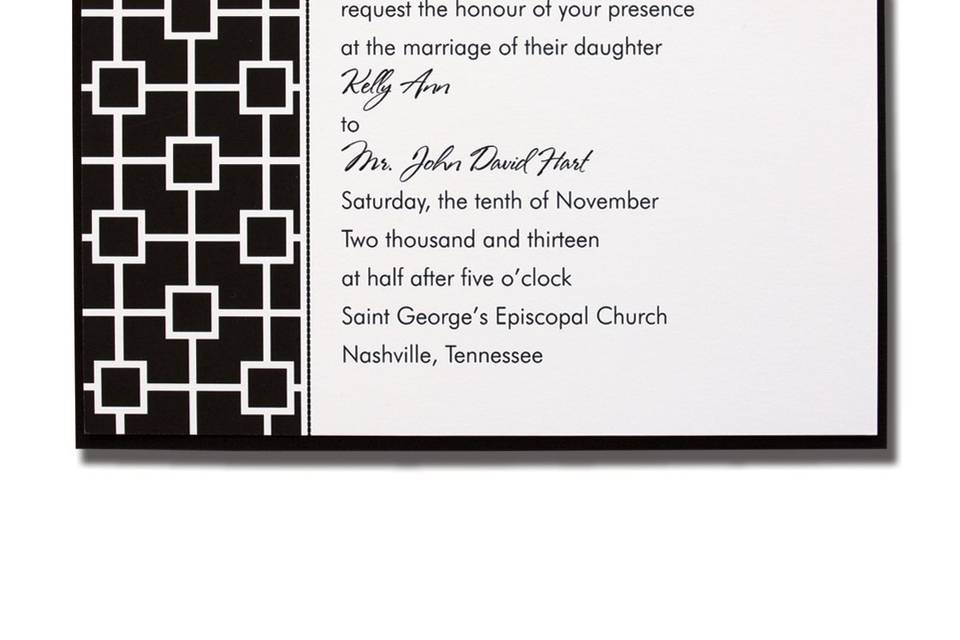 Love By Design II AV1346
For the bride who loves the layered look, our popular Love By Design invitation is now available with a solid black backer. On the single white card we'll print your first names vertically, while your wedding date is printed horizontally in the lower right corner. This unique design forms the perfect frame for your invitation wording.