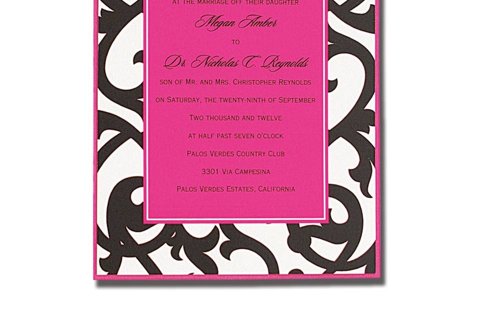 Passionate Hearts AV1123
A profusion of hearts form the perfect frame for your words of love. A colorful backer adds an extra touch of elegance to this stylish wedding invitation.
