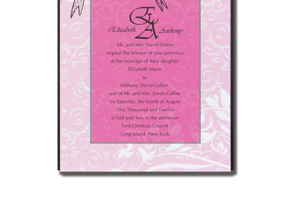 Secret Garden AV1523
Your words of invitation are printed against a Hot Pink background, which is framed by an intricate Black and White design. We've added a Hot Pink backer to give this invitation the layered look.