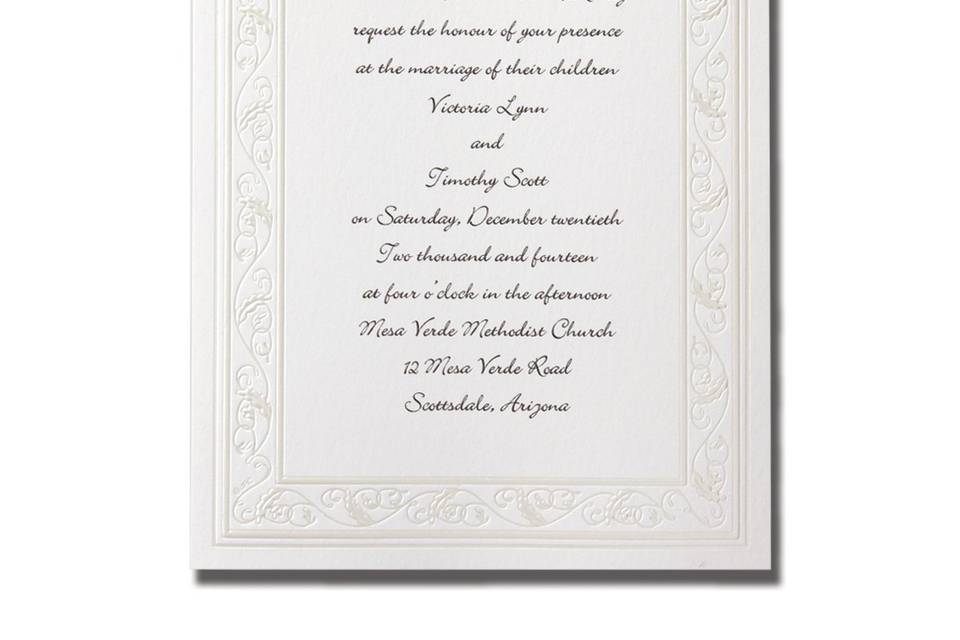 Presentation AV1058
A classy presentation! A slender Black or Chocolate Brown border frames your words of invitation on a single panel white vellum card. The card is then tucked inside a tri-fold folder that matches the border. A personalized seal fastens the folder for an elegant touch. Coordinating accessory cards feature matching border.