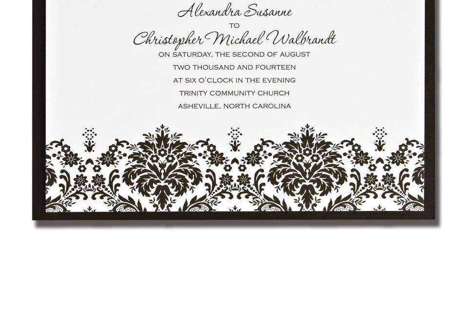 Imperial AV1528
These regal looking single panel cards are given a touch of color with an intricately designed band separating your first names from your invitation wording.