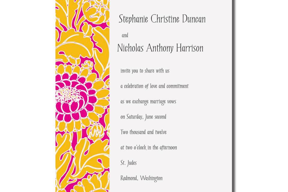 Hibiscus AV1457
Brightly colored Hibiscus flowers and stripes decorate these Orange and White invitations. Perfect for a summer or destination wedding.