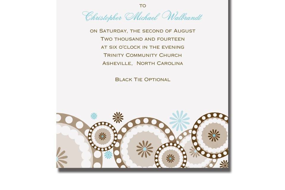 Blissful AV1427
A flourish design decorates the upper right and lower left corner of these single panel invitations. Available in a bright color combo or in muted tones.