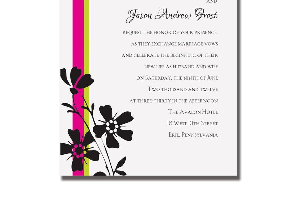 Circles and Flowers AV1373
Retro brown circles highlighted in your choice of colors decorate the bottom of these single panel White invitations.