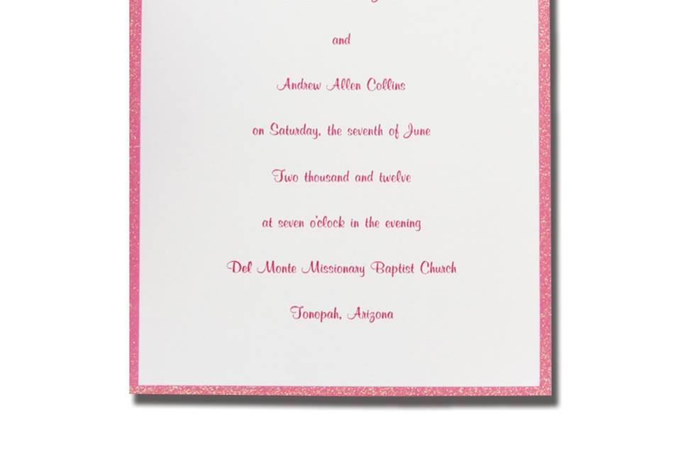 Pearlized Perfection AV1451
This appealing invitation starts with pearlized heavyweight single panel card in your choice of colors. A beautiful flourish design frames your first names and invitation wording. The color of the flourish design will be the same color as the ink you choose for the wording. We recommend darker ink colors for this invitation.