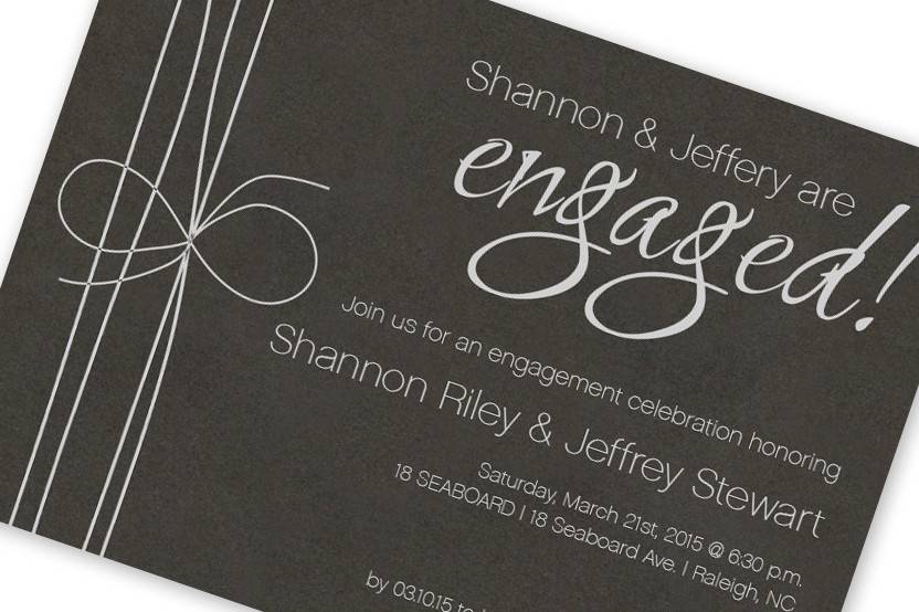 Our Casey Invitation is shown here as an engagement party invite!  Just $99 for 100 invitations.
http://www.theamericanwedding.com/lacey-wedding-invitations-9311.html