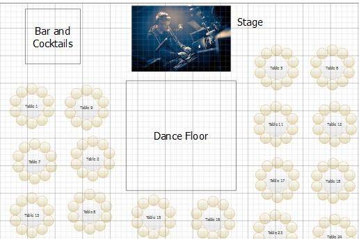 Sample layout for the ballroom for seating up to 256 guests