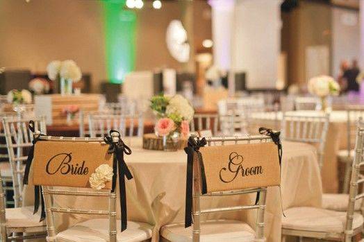 Matte linens, tables and Blue banquet chairs included