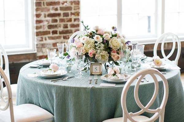 Reception table and blue decor