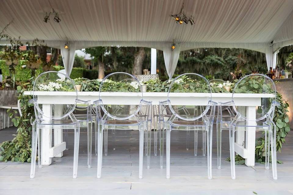 Reception table and floral garland