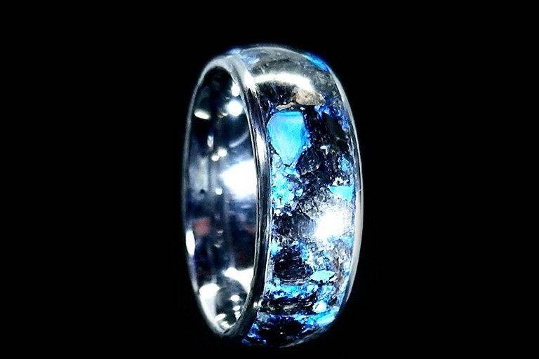The Don - Megalodon fossil & blue jade inlaid glow ring - Wedding Band