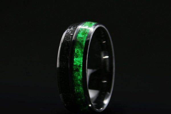 Afterglow Kryptonite Green Glow Meteorite Inlaid Wedding Band