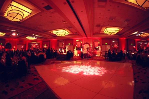 The Marriott Newport Beach. Elegant L.E.D. color changers and personalized monogram on the dance floor