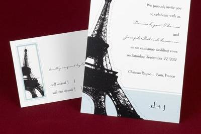 The Eiffel Tower stands tall beside your wording on this white and light blue, non-folding invitation.