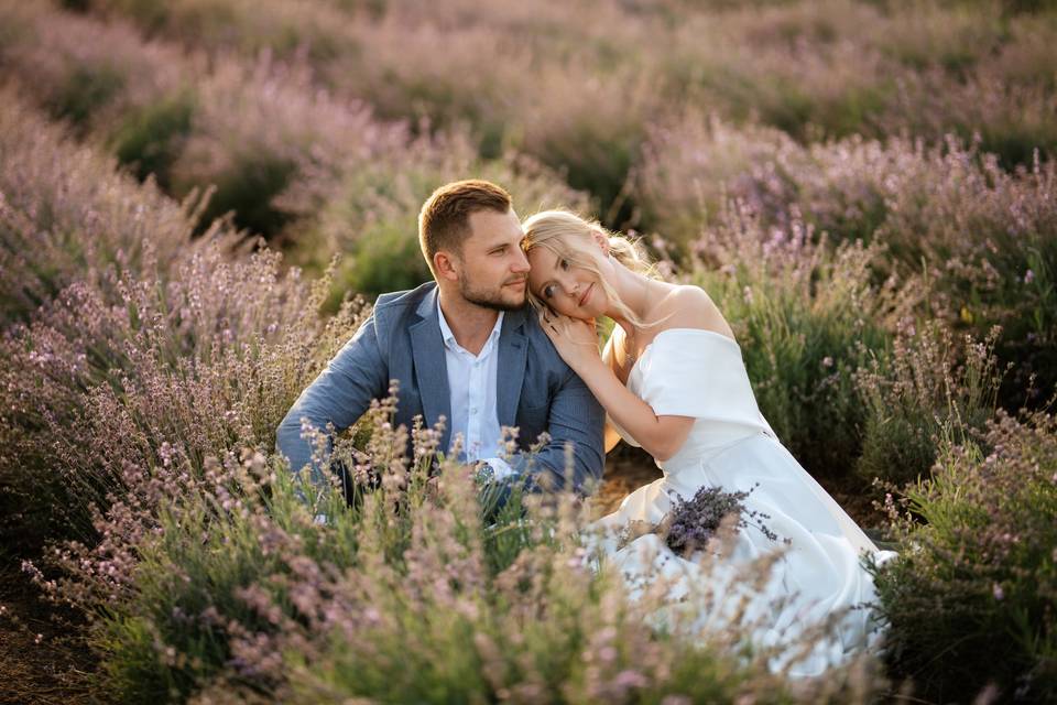 Gorgeous bride on a lavender f