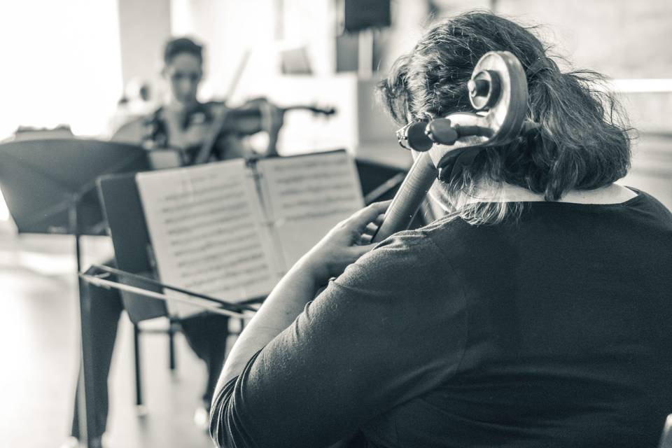 Cellist and violinist playing