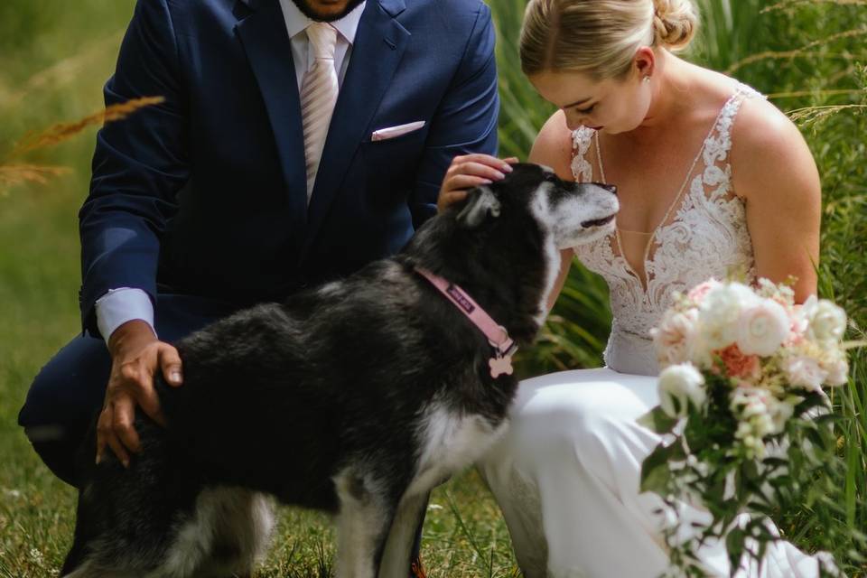 Bride and groom with pup