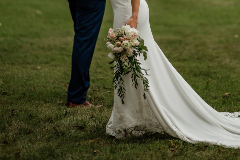 Bride and groom with bouquet