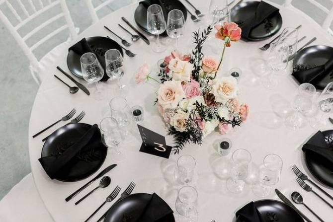 Modern black and white wedding table setup