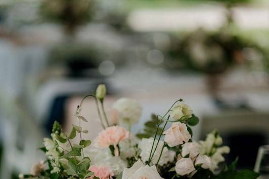 Pink rose and greenery centrepiece