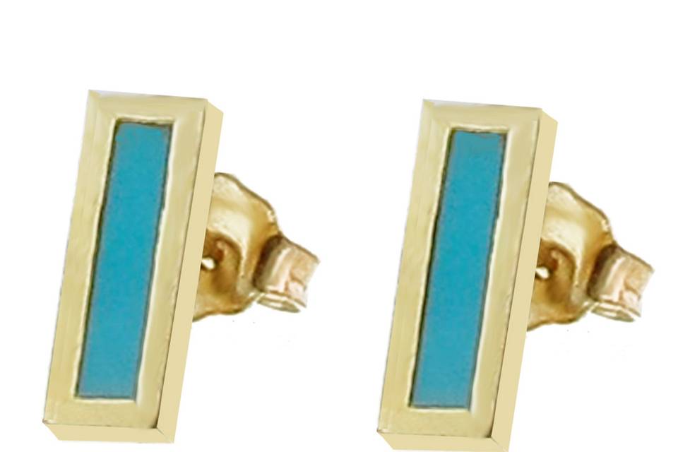 Add a pop of color! These gorgeous studs from designer Jennifer Meyer are composed of 18 karat gold, short bars set with turquoise inlay. Posted and measure 3/8