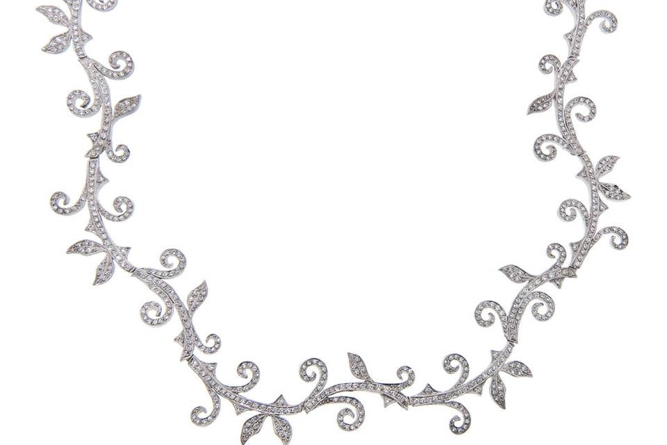 Absolutely stunning from Cathy Waterman, this intricately detailed necklace is set platinum with swirling diamond set thorns set all of the way around. Measures around 16