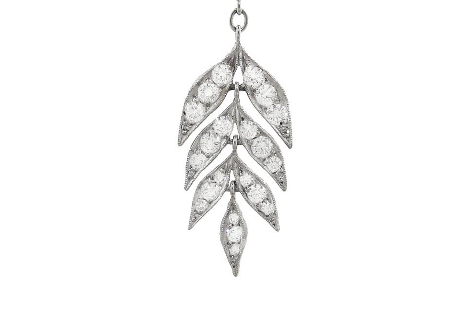 Set in platinum from Cathy Waterman, this delicate falling leaf necklace creates lovely movement makes an elegant statement. Each individual leaf is accented with three white diamonds and altogether create a large falling leaf. The falling leaf is topped with three bezel set diamonds in Cathy's intricate etching. The diamonds total 1.05 carats. The pendant measure is 1 3/4