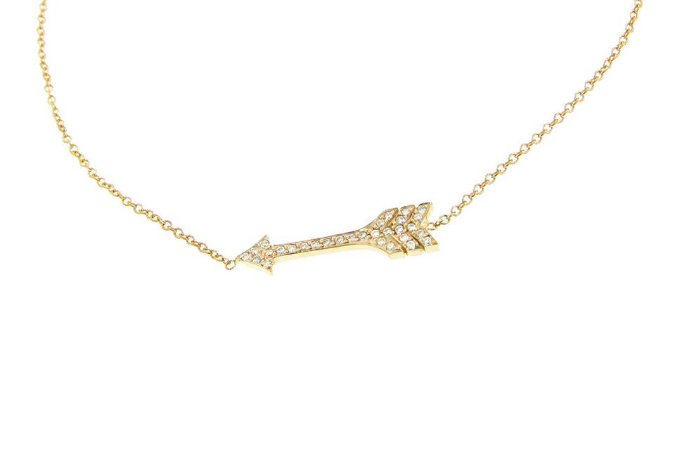 This dainty bracelet is perfect for layering! Designer Jennifer Meyer's signature 18 karat gold arrow has been shrunken down just a tad and accented with bright pave diamonds to create a lovely sparkle. It floats in a fine 14 karat yellow gold chain that measures 6 1/2