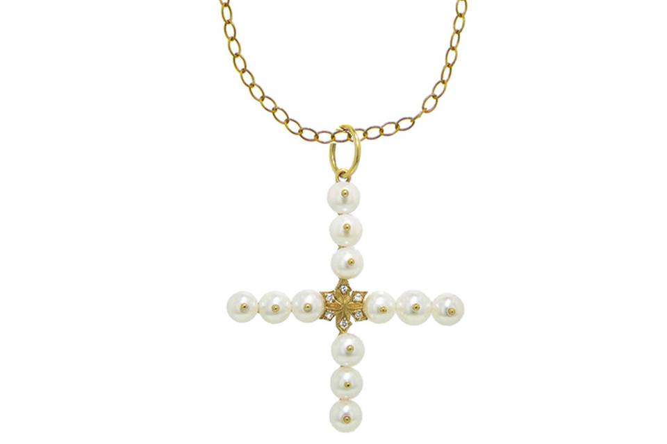 Another delicate pendant from Cathy's 22kt gold collection, this pinned pearl cross has a scalloped starburst center with diamonds. This pendant measures 1 5/8