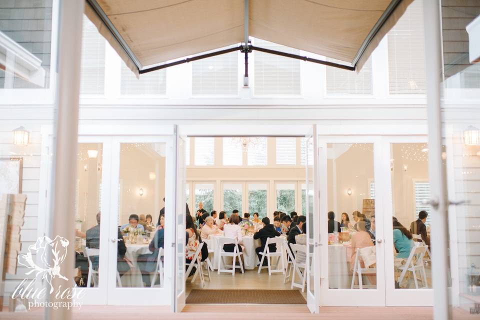 Wedding guests in the reception area